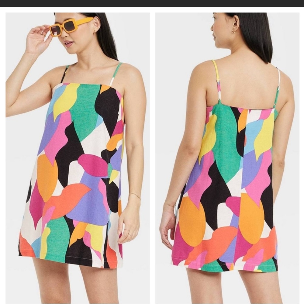 A New Day Abstract Linen Blend A Line Dress Size XS Small NWT Multicolored